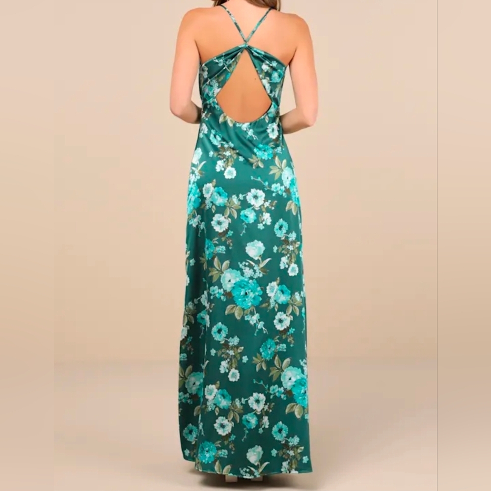 Lulus XS Wondrous Allure Green Floral Satin Backless Maxi Dress, Size XS - Picture 5 of 12